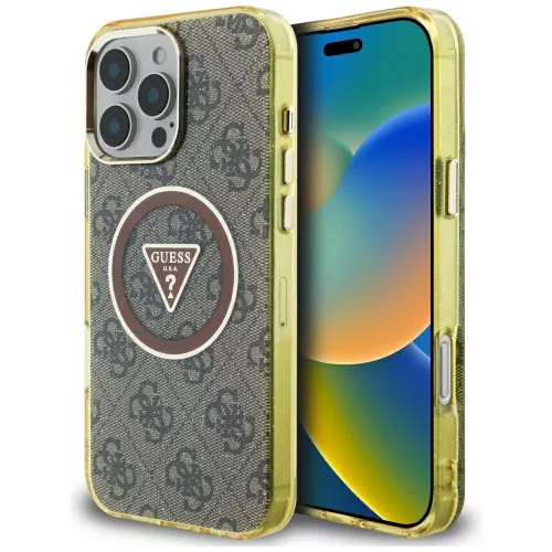 Guess IML Metal Glitter 4G Circle Triangle MagSafe iPhone 16 Pro Max tok, barna