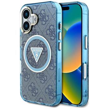   Guess IML Metal Glitter 4G Circle Triangle MagSafe iPhone 16 tok, kék