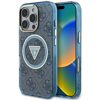   Guess IML Metal Glitter 4G Circle Triangle MagSafe iPhone 16 Pro tok, kék