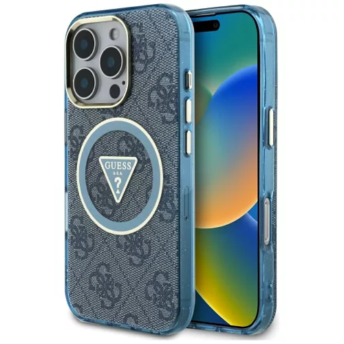 Guess IML Metal Glitter 4G Circle Triangle MagSafe iPhone 16 Pro tok, kék