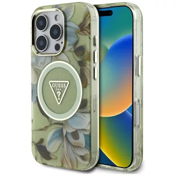   GUESS iPhone 16 Pro Max MagSafe GUHMP16XHFLPEDN (IML Metal Glitter Flowers Triangle) tok, zöld