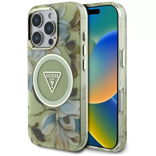 GUESS iPhone 16 Pro Max MagSafe GUHMP16XHFLPEDN (IML Metal Glitter Flowers Triangle) tok, zöld
