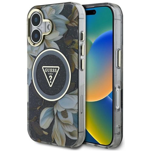 GUESS iPhone 16 MagSafe GUHMP16SHFLPEDK (IML Metal Glitter Flowers Triangle) tok, fekete