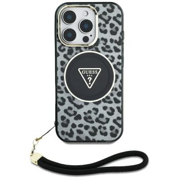   Guess HC IML Leopard Triangle Cord Strap iPhone 16 MagSafe tok, fekete