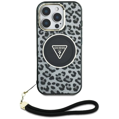 Guess HC IML Leopard Triangle Cord Strap iPhone 16 MagSafe tok, fekete