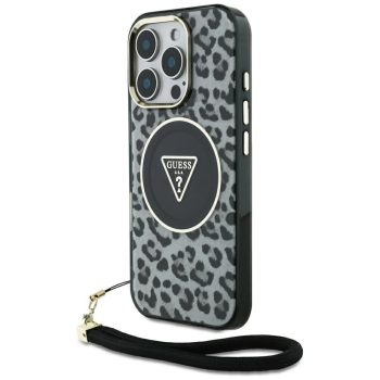   Guess HC IML Leopard Triangle Cord Strap iPhone 16 Pro MagSafe tok, fekete