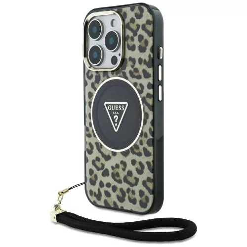 Guess HC IML Leopard Triangle Cord Strap iPhone 16 Pro MagSafe tok, barna