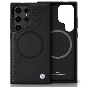   BMW Leather Half Textutok, piros MagSafe Samsung Galaxy S25 Ultra tok, fekete