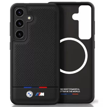   BMW Leather Tricolor Stripe MagSafe Samsung Galaxy S25 Plus tok, fekete