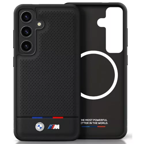 BMW Leather Tricolor Stripe MagSafe Samsung Galaxy S25 Plus tok, fekete