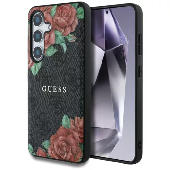   Guess Leather 4G Flowers Print Metal Classic Logo MagSafe Samsung Galaxy S25 tok, fekete