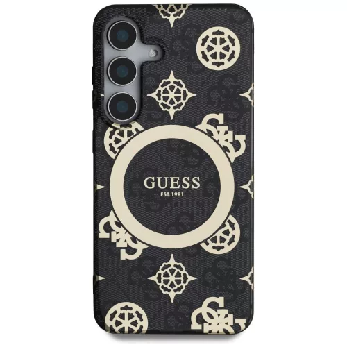 Guess 4G Background Gold Electroplated Peony Pattern MagSafe Samsung Galaxy S25 tok, fekete