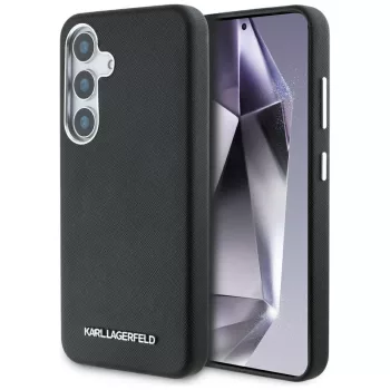   Karl Lagerfeld Saffiano Full Wrapped Elongated Metal Logo MagSafe Samsung Galaxy S25 tok, fekete