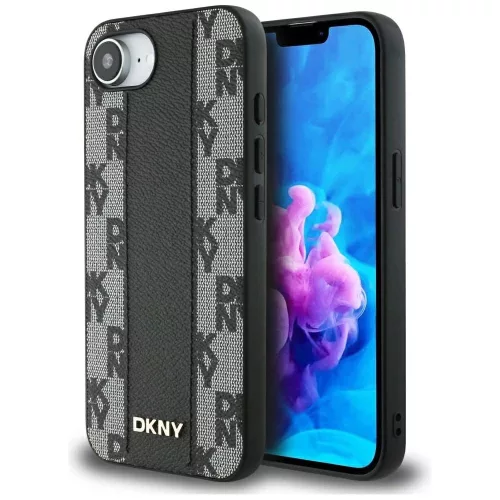 DKNY Leather Checkered Mono Pattern MagSafe iPhone 16e tok, fekete
