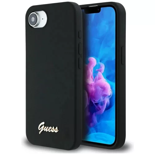 GUESS iPhone 16e GUHMPSE4SMBSLK (Silicone Script Metal Logo MagSafe) tok, fekete