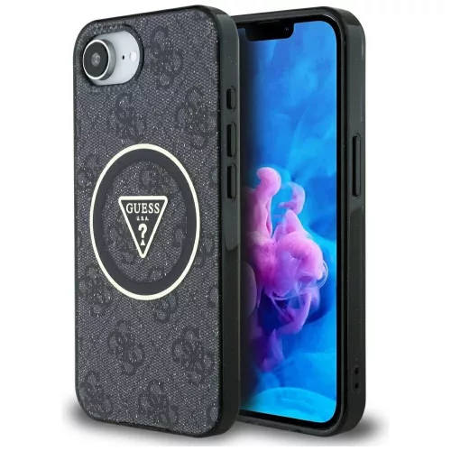 Guess IML Metal Glitter 4G Circle Triangle MagSafe iPhone 16e tok, fekete