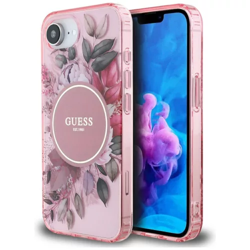 Guess IML Flowers MagSafe iPhone 16e tok, rózsaszín
