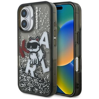   Karl Lagerfeld Liquid Glitter Choupette Logo MagSafe iPhone 16 tok, fekete