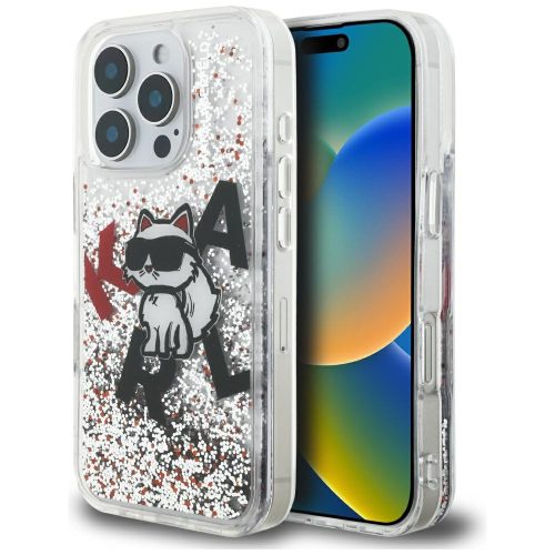 Karl Lagerfeld Liquid Glitter Choupette Logo iPhone 16 Pro tok, átlátszó