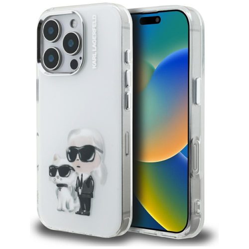 Karl Lagerfeld IML Aquarelle Karl & Choupette & Logo iPhone 16 Pro Case tok, fehér