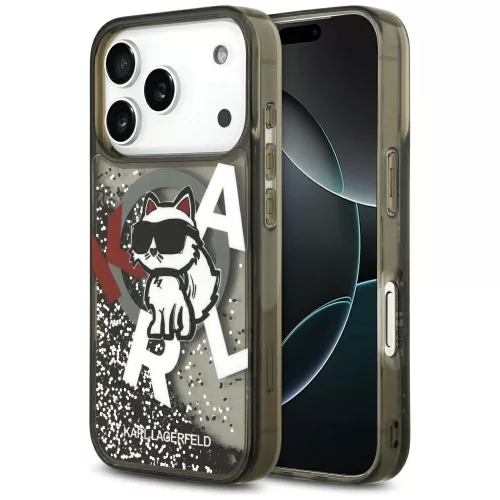 Karl Lagerfeld Liquid Glitter Choupette Logo MagSafe iPhone 17 Pro tok, fekete