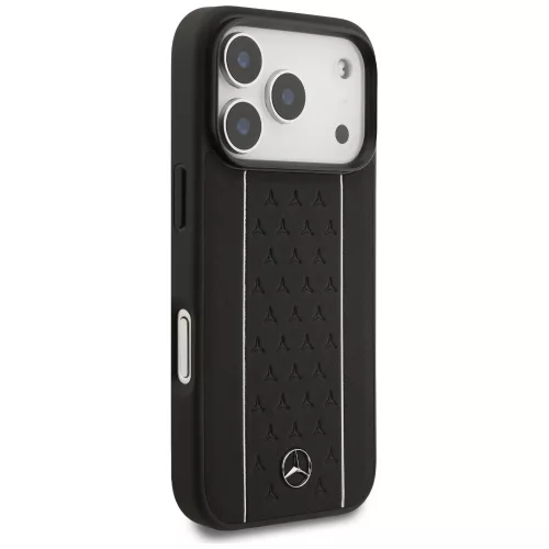 Mercedes Leather Star Pattern Stripes MagSafe iPhone 17 Pro tok, fekete
