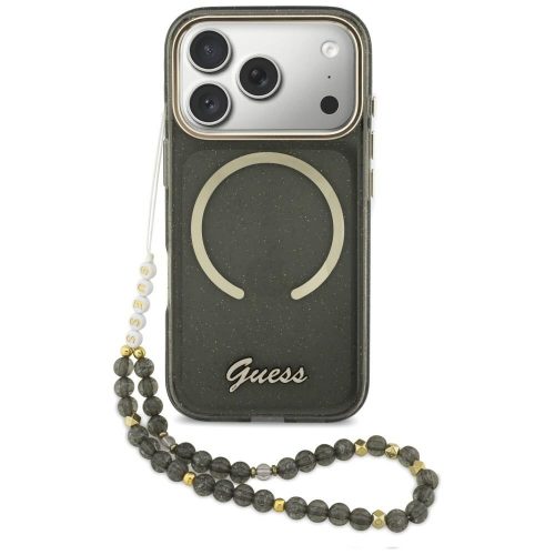 Guess IML Glitters Script Strap MagSafe iPhone 17 Pro tok, fekete
