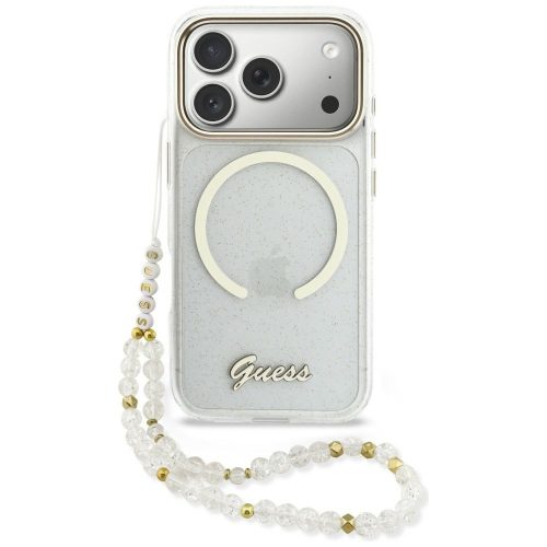 Guess IML Glitters Script Strap MagSafe iPhone 17 Pro tok, átlátszó-arany