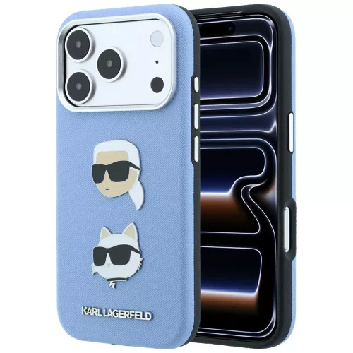 Karl Lagerfeld SaffianoKarl & Choupette Heads Pins & Logo iPhone 18 Pro Max / 17 Pro Max (KLHCP18XPSWFDHPB) tok, kék