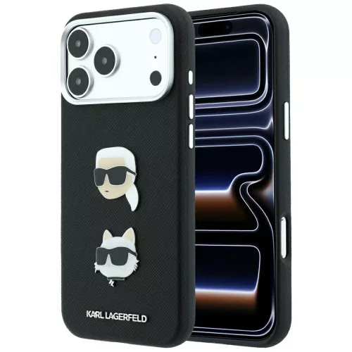 Karl Lagerfeld SaffianoKarl & Choupette Heads Pins & Logo iPhone 18 Pro Max / 17 Pro Max (KLHCP18XPSWFDHPK) tok, fekete
