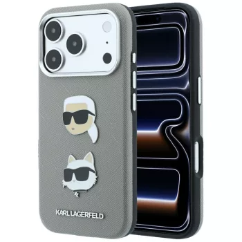   Karl Lagerfeld SaffianoKarl & Choupette Heads Pins & Logo iPhone 18 Pro Max / 17 Pro Max (KLHCP18XPSWFDHPG) tok, szürke