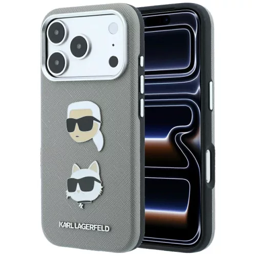Karl Lagerfeld SaffianoKarl & Choupette Heads Pins & Logo iPhone 18 Pro Max / 17 Pro Max (KLHCP18XPSWFDHPG) tok, szürke