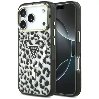   Guess IML Leopard Glitter Triangle Logo MagSafe iPhone 18 Pro / 17 Pro (GUHMP18LHLEGTGLK) tok, fekete