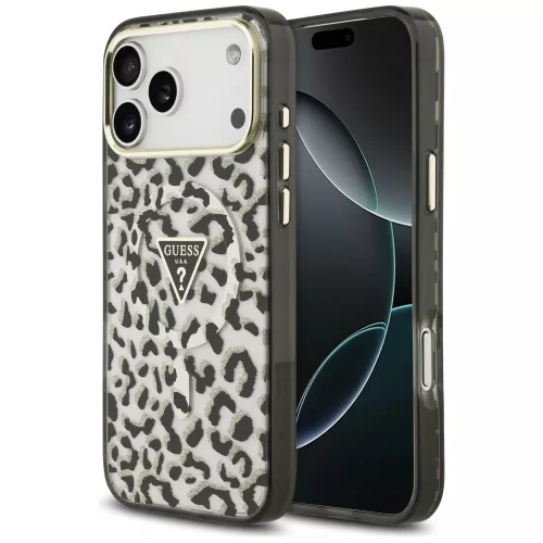 Guess IML Leopard Glitter Triangle Logo MagSafe iPhone 18 Pro Max / 17 Pro Max (GUHMP18XHLEGTGLK) tok, fekete