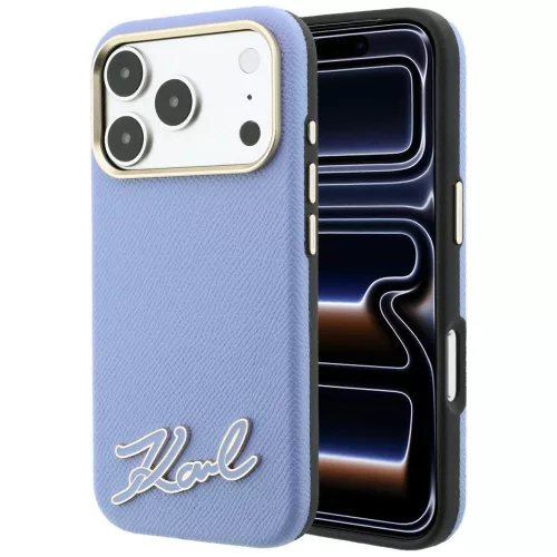 Karl Lagerfeld GrainedResin Signature Logo MagSafe iPhone 18 Pro / 17 Pro (KLHMP18L6PWKSRSB) tok, világoskék