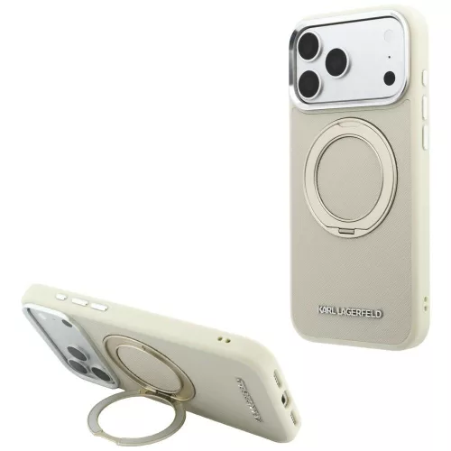 Karl Lagerfeld Ring St 360 Saffiano Classic Logo MagSafe iPhone 18 Pro / 17 Pro (KLHMP18L6PSARSKME) tok, bézs