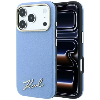   Karl Lagerfeld Saffiano Small Script Metal Logo MagSafe iPhone 18 Pro Max / 17 Pro Max (KLHMP18X6PWSKSB) tok, világoskék