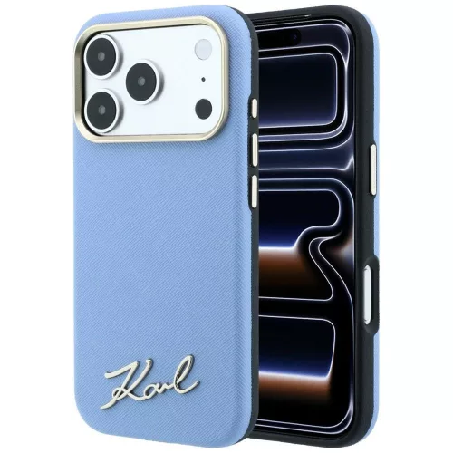 Karl Lagerfeld Saffiano Small Script Metal Logo MagSafe iPhone 18 Pro Max / 17 Pro Max (KLHMP18X6PWSKSB) tok, világoskék