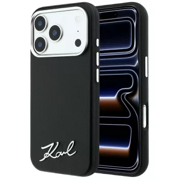   Karl Lagerfeld Saffiano Small Script Metal Logo MagSafe iPhone 18 Pro / 17 Pro (KLHMP18L6PWSKSK) tok, fekete