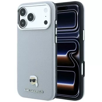  Karl Lagerfeld Grained Karl Head Metal MagSafe iPhone 18 Pro / 17 Pro (KLHMP18L6PSKHLG) tok, szürke