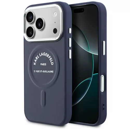 Karl Lagerfeld Embossed Open Ring RSG Logo MagSafe iPhone 18 Pro / 17 Pro (KLHMP18LPSKRSGEB) tok, kék