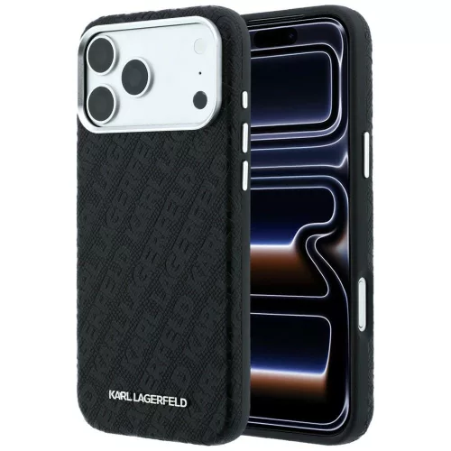 Karl Lagerfeld Grained Allover Logo Metal Elongated MagSafe iPhone 18 Pro / 17 Pro (KLHMP18LPSKLFOFK) tok, fekete