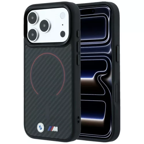 BMW M Kevlar Red Print Ring Metal Logo MagSafe iPhone 18 Pro Max / 17 Pro Max (BMHMP18X26CFOMKR) tok, fekete