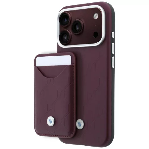 BMW Quilted Pattern Metal Logo case+wallet iPhone 18 Pro / 17 Pro tok, bordó