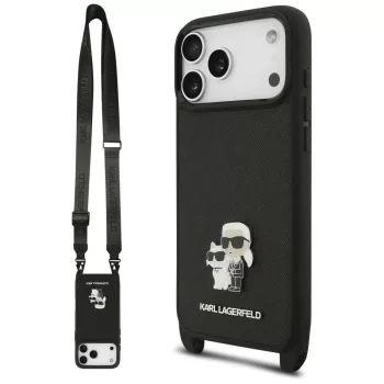   Karl Lagerfeld Saffiano Karl&Choupette Metal Pin Cbdy Strap iPhone 18 Pro / 17 Pro (KLHCP18LSAKCPBK) tok, fekete