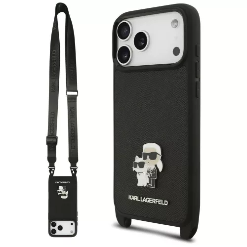 Karl Lagerfeld Saffiano Karl&Choupette Metal Pin Cbdy Strap iPhone 18 Pro Max / 17 Pro Max (KLHCP18XSAKCPBK) tok, fekete