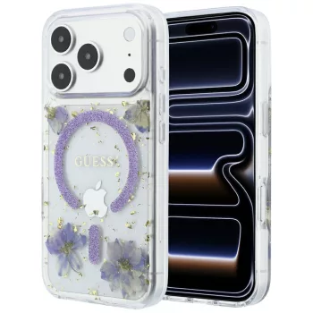   Guess Resin Flowers Glitter MagSafe iPhone 18 Pro Max / 17 Pro Max (GUHMP18XRBFGFGMU) tok, lila