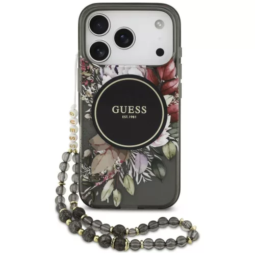 Guess IML Flowers Pearl Strap MagSafe iPhone 18 Pro / 17 Pro (GUHMP18LHFWBRCESK) tok, fekete