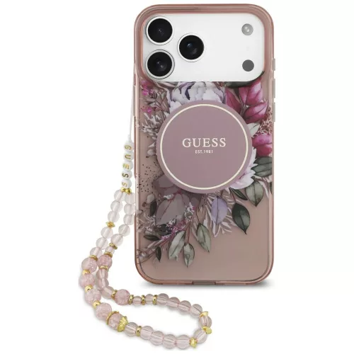 Guess IML Flowers Pearl Strap MagSafe iPhone 18 Pro / 17 Pro (GUHMP18LHFWBRCESP) tok, rózsaszín