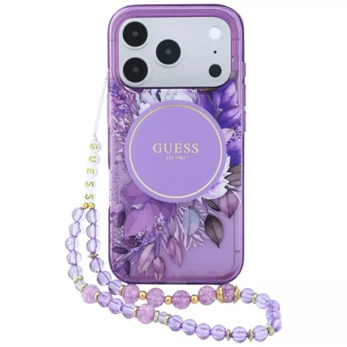 Guess IML Flowers Pearl Strap MagSafe iPhone 18 Pro / 17 Pro (GUHMP18LHFWBRCESU) tok, lila